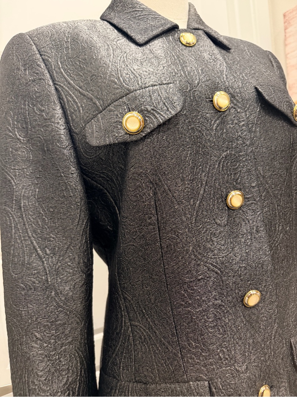 Escada Charcoal Gray Textured Silk-Virgin Wool Two-Piece Suit with Gold Buttons - Picture 6 of 13